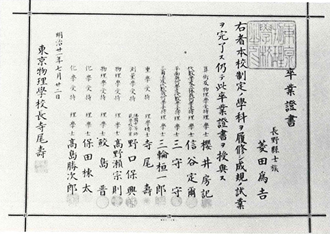 1888（明治21）年 東京物理学校卒業証書 菱田為吉