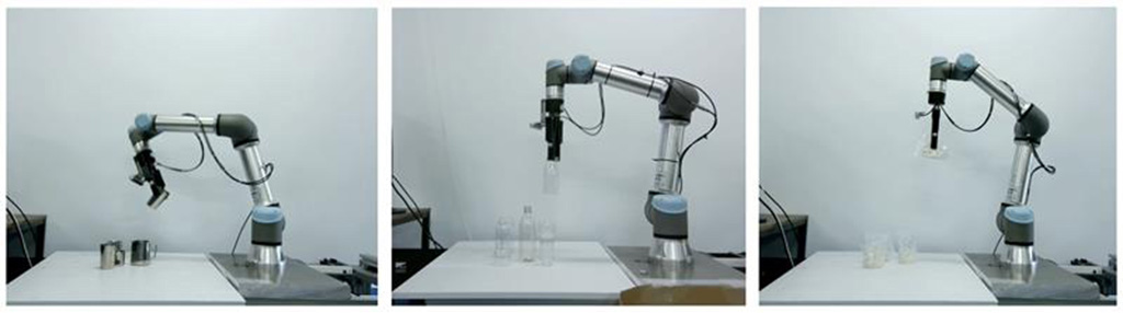 図2.（左）透明物体把持の様子 （中）透明袋把入り物体把持の様子 （右）光沢物体把持の様子